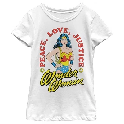 Детская футболка Wonder Woman, мир и любовь, белая
