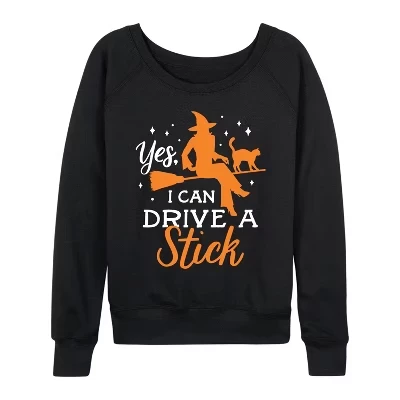 Женская рубашка Yes I Can Drive A Stick из легкого французского махрового материала с широким вырезом и длинным рукавом, черная с графическим рисунком.