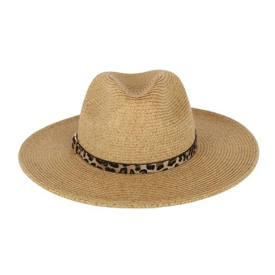 Женская плетеная фетровая шляпа Toyo Fedora Sun с леопардовой лентой коричневого цвета