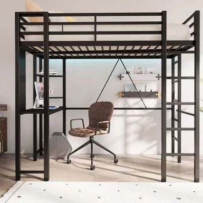 Loft Bed with Desk and Storage Shelves, Frame with 2 Side Ladders for Kids, Teens Adults,Space-Saving and Anti-tilt Design,Black black