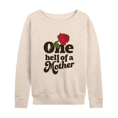Женская рубашка One Hell Of A Mother из легкого французского махрового материала с широким вырезом и длинными рукавами, выполненная в графическом стиле.