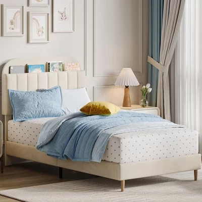 Каркасы кроватей Twin/Twin xl/Full, Каркас кровати на платформе с бархатной обивкой и изголовьем книжного шкафа, Прочные стальные опорные ножки, Простая сборка, Бесшумный белый цвет