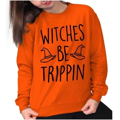 Женская толстовка с круглым вырезом и забавным каламбуром от Halloween Witches Be Trippin оранжевого цвета