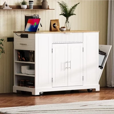 Rolling Black Wood Top 48.5 in. Kitchen Island Cart with Power Outlet, Tilt-out Trash Can, 3-Layer Open Shelves white