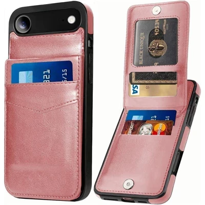 Чехол, совместимый с iPhone 17 Air - [Держатель для карт с 6 слотами] Тонкий кожаный бумажник розового цвета