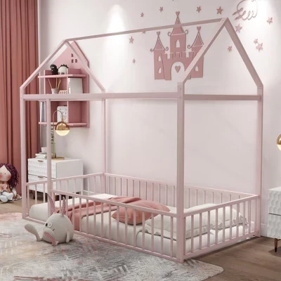 Каркас кровати Bellemave Twin Metal House с ограждением, низкопрофильный каркас кровати для детей и подростков, розовый
