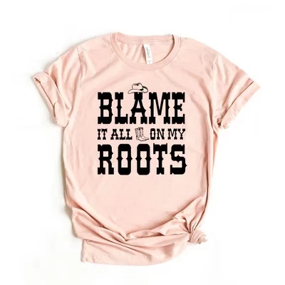 Женская футболка Blame It All On My Roots в шляпе и ботинках с коротким рукавом и рисунком, синяя