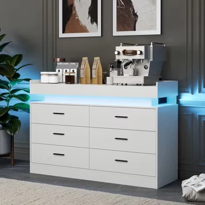 Комод Garvee, 6 ящиков, LED и зарядка, белый