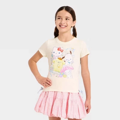 Футболка с коротким рукавом и бантом Hello Kitty и Friends для девочек с графическим рисунком - Кремовый