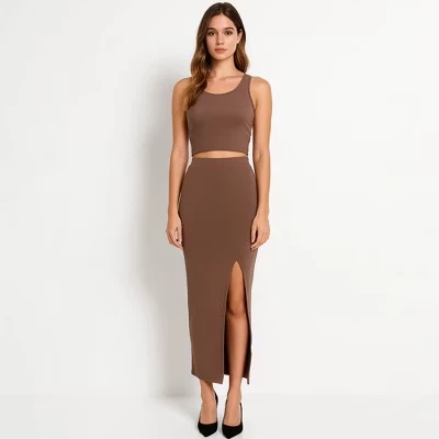 Женский комплект из эластичной вискозы Slim Fit с юбкой и укороченным топом без рукавов, комплект из 2 предметов, Cherie Code цвета хаки