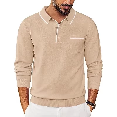 Mens Knit Polo Long Sleeve Collared Sweater Polo Business Casual Polos with Pocket khaki