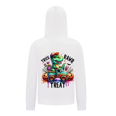 Толстовка с капюшоном на Хэллоуин с динозавром “Trick RAWR Treat” – Симпатичный рисунок грузовика T-Rex – Забавная осенняя толстовка на молнии для мальчиков, белая