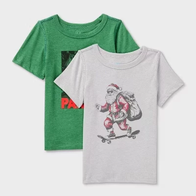Футболка с короткими рукавами для малышей 2pk Adaptive Christmas 'Dino Party/Santa Skate' С рисунком Кота & Джека ™ Сосново-зеленая / Вересково-серая