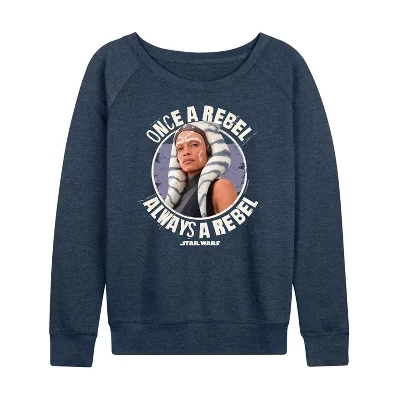 Женская - - Легкая французская махровая рубашка Once Rebel Ahsoka цвета Хизер индиго с широким вырезом и длинными рукавами, выполненная в графическом стиле.
