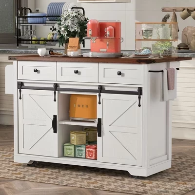 Rolling White Drop Leaf Wood Top 54 in. Kitchen Island Cart with Power Outlet, 2 Sliding Barn Door, Hidden Wheels white