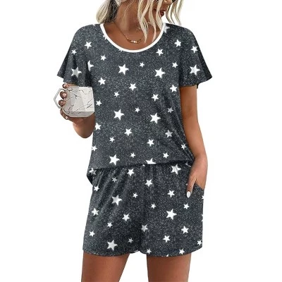 Женский пижамный комплект Летняя пижама с коротким рукавом, милые комплекты для сна из 2 предметов, серые звезды