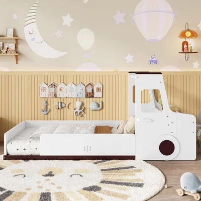 Современная детская автомобильная напольная кровать Pei с выдвижными ящиками для хранения вещей, окном и письменным столом светло-белого цвета