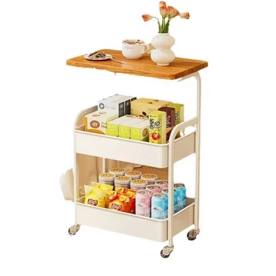3 Tier Rolling Cart w/Table top, Metal Rolling Utility Cart on Wheels, Sturdy Storage Organizer Cart w/Hooks for Office, Classroom, Kitchen white