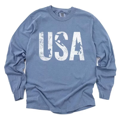 Зимняя спортивная одежда США Distressed - Женская одежда, окрашенная в синий цвет футболка с длинным рукавом и рисунком