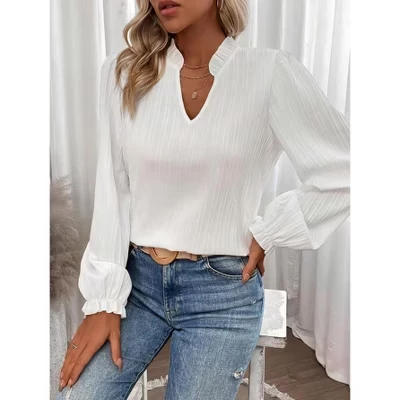 Womens Slim Fit Lantern Long Sleeves Sleeve Blouse Pleated Cuffs Business Casual V Neck Formal Shirts white