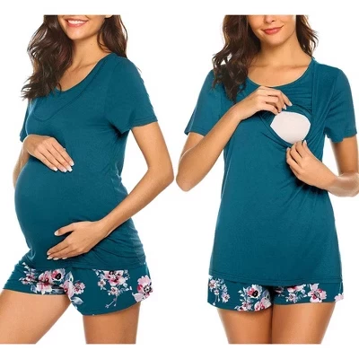 Maternity Pajamas for Hospital Set Short Sleeve Nursing Pajamas Breastfeeding Pregnancy Sleepwear floral teal