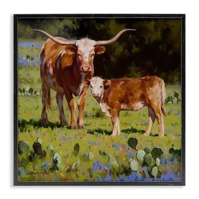 Сцена с детенышем теленка Длиннорогого крупного рогатого скота в рамке Giclee Art black