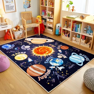 Детские коврики для игровой комнаты, Круглый коврик 47 дюймов, мягкий нескользящий ковер с динозавром, который можно стирать в машине, для декора детской комнаты для малышей, бежево-синий