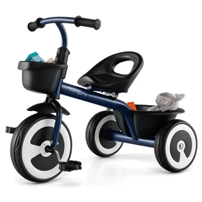 Детский трехколесный велосипед Kids Trike с регулируемым сиденьем спереди и сзади, корзинами для хранения, Темно-синий / Белый / Розовый