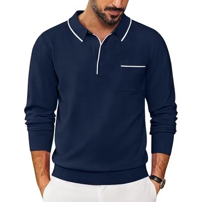 Mens Knit Polo Long Sleeve Collared Sweater Polo Business Casual Polos with Pocket blue