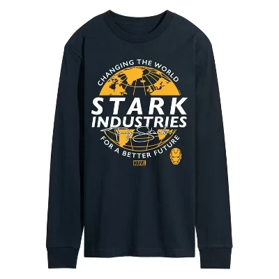 Мужская футболка Iron Man Stark Industries с длинным рукавом и графическим рисунком темно-синего цвета.