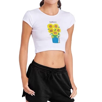 Women's  Sunflower Vase Cap Sleeve Baby Rib Crop Top white