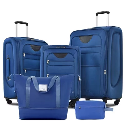 Набор для багажа Softside из 3 предметов, 3 предмета, Чемодан из полиэстера, Дорожный багаж с вещевым мешком, Расширяемый, Замок TSA, Вращающиеся колеса синего цвета