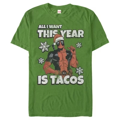 Мужская рождественская футболка Deadpool Santa Tacos зеленого цвета