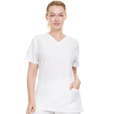 Женский эластичный медицинский топ-скраб HEAL+WEAR с V–образным вырезом и 2 накладными карманами - Растягивается в 4 стороны - Мягкий и профессиональный крой, белый
