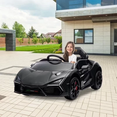 Детская поездка на автомобиле 12 В, Лицензионный Lamborghini Revuelto с дистанционным управлением, Игрушечный спортивный автомобиль на батарейках с двумя двигателями мощностью 25 Вт черного цвета