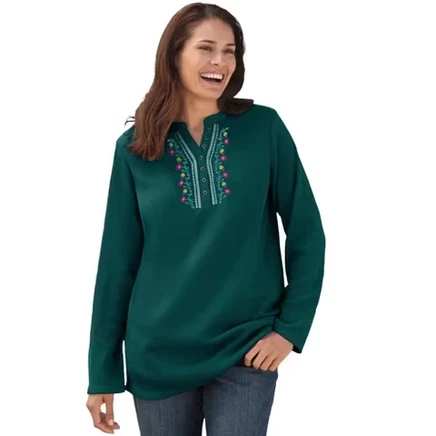 Женская футболка Woman Within Henley с вышивкой, изумрудная