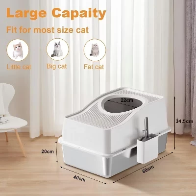 Large Enclosed Litter Box with Lid, Cat Litter Mat & Scoop, Easy Clean Detachable, High Sided Stainless Steel Cat Litter Tray white