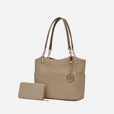 Savannah M Logo Printed Vegan Leather Women’s Tote and Wristlet Wallet by Mia K- 2 pieces beige