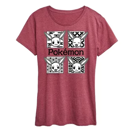 Женская футболка с коротким рукавом и рисунком Heather burgundy с изображением покемонов Wagara Grid Eevee