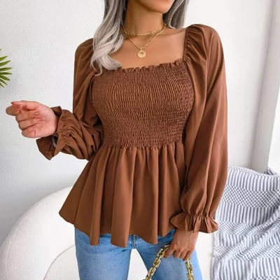 Женская повседневная блузка YESFASHION с квадратным вырезом-фонариком и длинным рукавом с оборками и расклешенным низом, рубашка-топ кофейного цвета