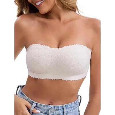 Women's Floral Lace Strapless Wireless Tube Anti-Slip Push Up Lightweight Soft Padded Bandeau Bras white