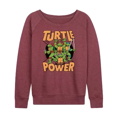 Женская легкая французская махровая рубашка Turtle Power с широким вырезом и длинным рукавом с графическим рисунком цвета вереска темно-бордового цвета.