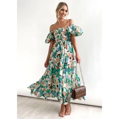 Женское платье BLUEMING макси бохо со сборкой, зелёное