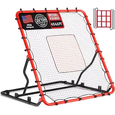 Бейсбольная сетка для отскока: Стальная рама с 5 углами наклона, устойчивая к ультрафиолетовому излучению сетка и 2 зоны удара. В комплекте прочная сумка для переноски, черная и красная - 3 угла наклона.