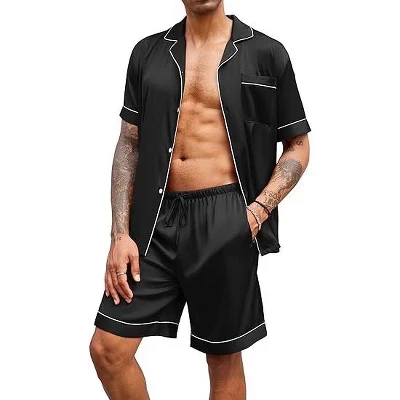 Mens Satin Pajamas Set Button-Down Short Sleeve Shirt Top Soft Silk Sleepwear Shorts with Pockets black