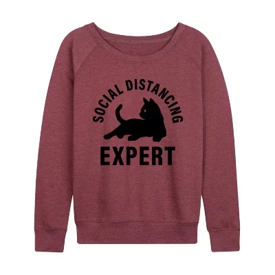 Женская рубашка Cat Social Distancing Expert Легкая французская махровая рубашка с широким вырезом и длинным рукавом с графическим рисунком цвета хизер бордовый