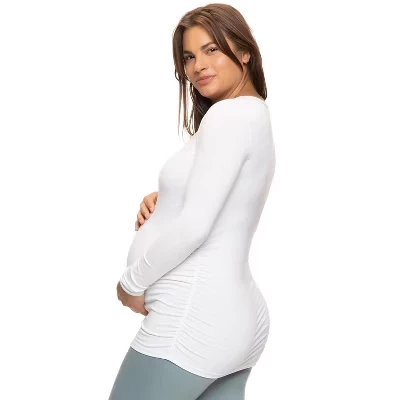 | Хлопковая модальная рубашка с круглым вырезом L /S для беременных, гофрированная сбоку, белая