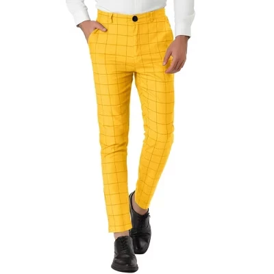 Мужские брюки в клетку с принтом Slim Fit на плоской подошве спереди для делового костюма желтого цвета