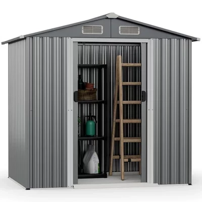 Садовый сарай Costway 1,9×1,4×1,8 м, оцинкованная сталь, раздвижные двери, серый