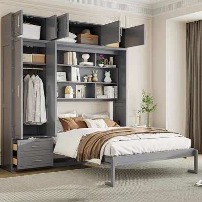 Настенная кровать Murphy Bed размера Queen-Size, Компактная складная кровать со шкафом, выдвижными ящиками, верхним шкафом и полками для хранения, Белый/Серо-серый